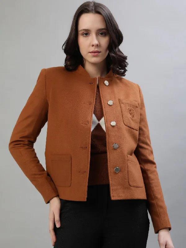 Iconic Women Brown Solid High Neck Full Sleeves Jacket