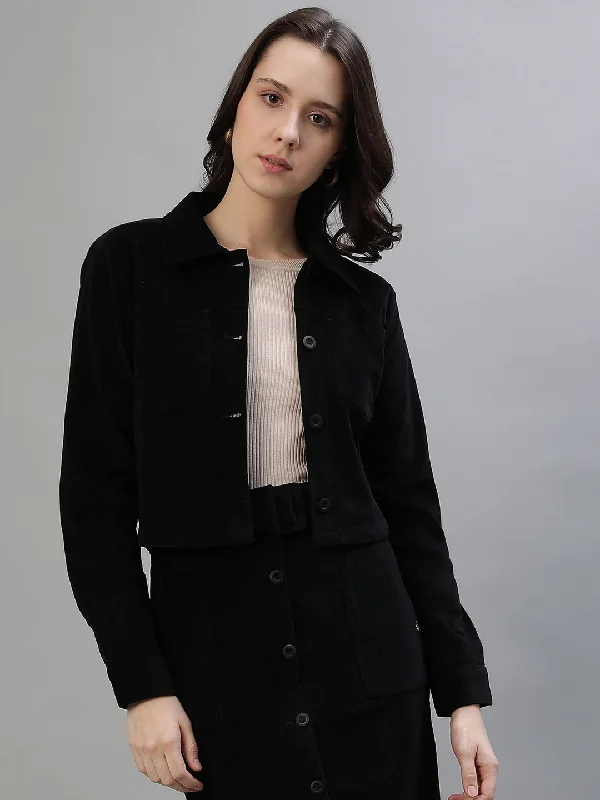 Iconic Women Black Solid Spread Collar Full Sleeves Jacket