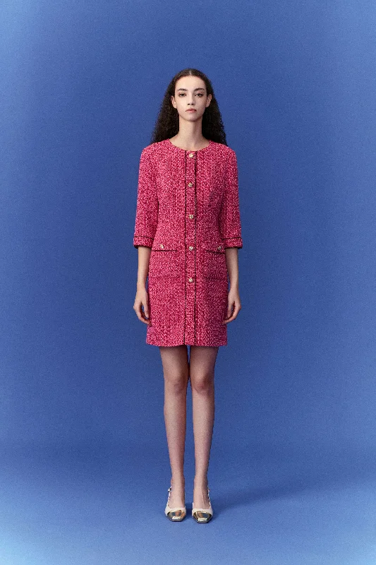 Fuchsia Pink Patch-Pocket Tweed Dress