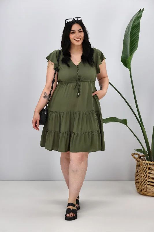 New U Collection V Neck Dress Khaki