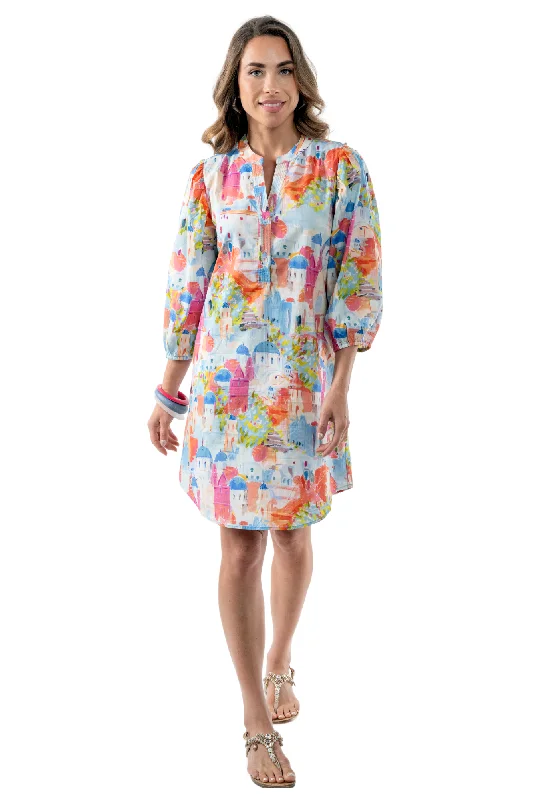 Women's City Scape Print Short Dress Long Sleeves-"Darcy"