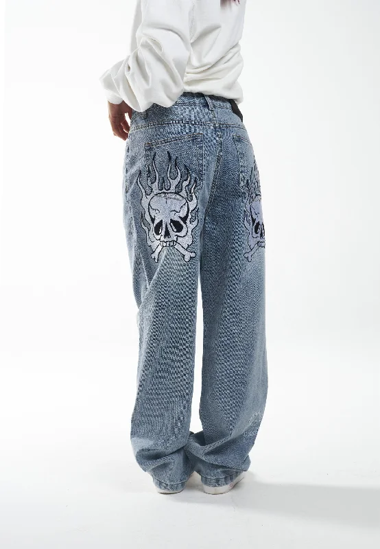 Womens Flaming Skull Relaxed Denim Trousers Jeans - Blue