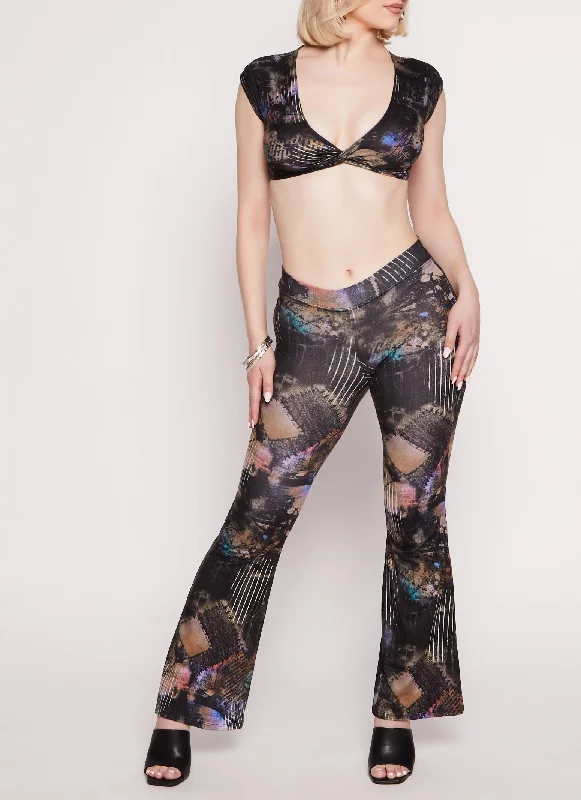 Patchwork Print High Waist Flare Pants