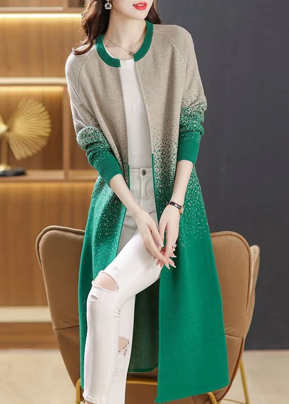 Green Pockets Patchwork Knit Long Cardigans O Neck Fall