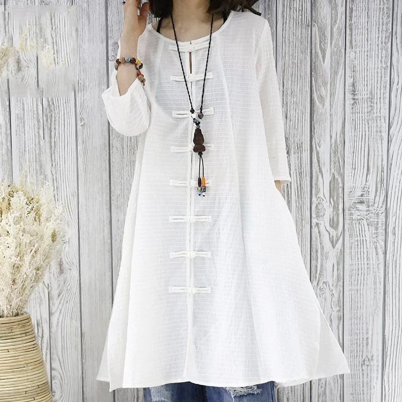 Half sleeve white cotton dress retro cardigan dress summer women shirt blouse top