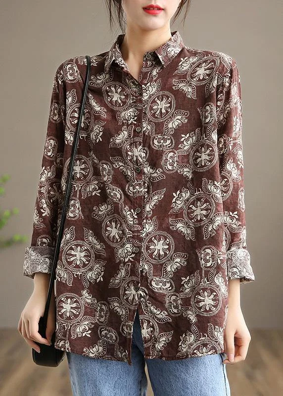 Handmade Lapel Button Down Spring Clothes Wardrobes Chocolate Print Tops