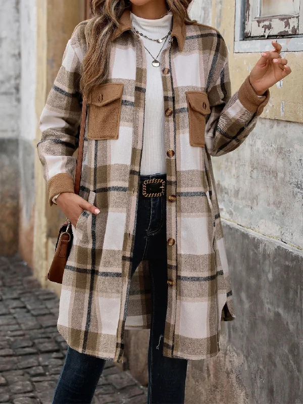 Perfee Plaid Button Up Long Sleeve Coat