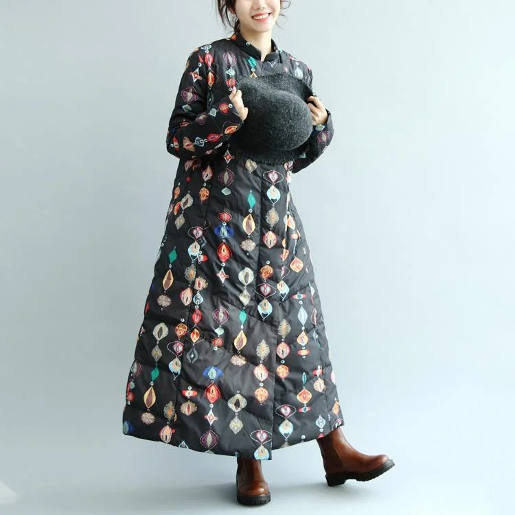 Warm Black print long Parka Loose fitting down jacket Luxury long trench coat