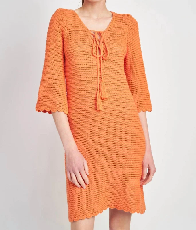 Crochet V-Neck Dress In Orange