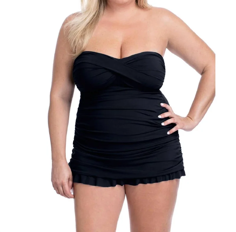 Cross Over Bandeau Strapless Swimdress In Tutti Frutti Black