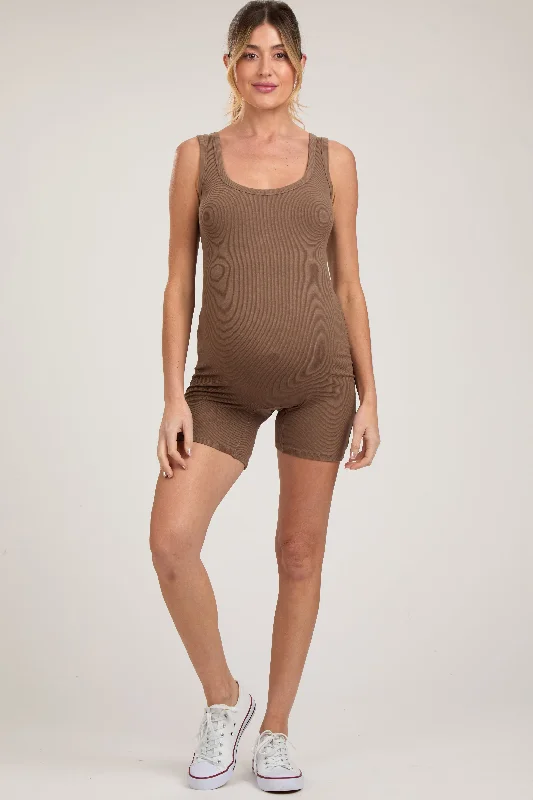 Mocha Sleeveless Ribbed Biker Short Maternity Romper