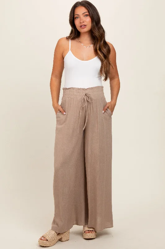 Taupe Wide Leg Smocked Lightweight Maternity Pants