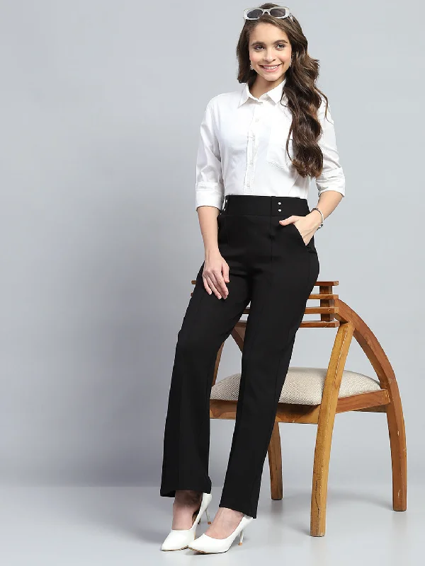 Women Black Solid Regular Fit Trouser