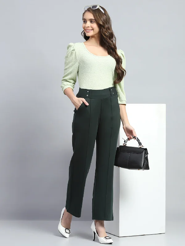 Women Bottle Green Solid Regular Fit Trouser